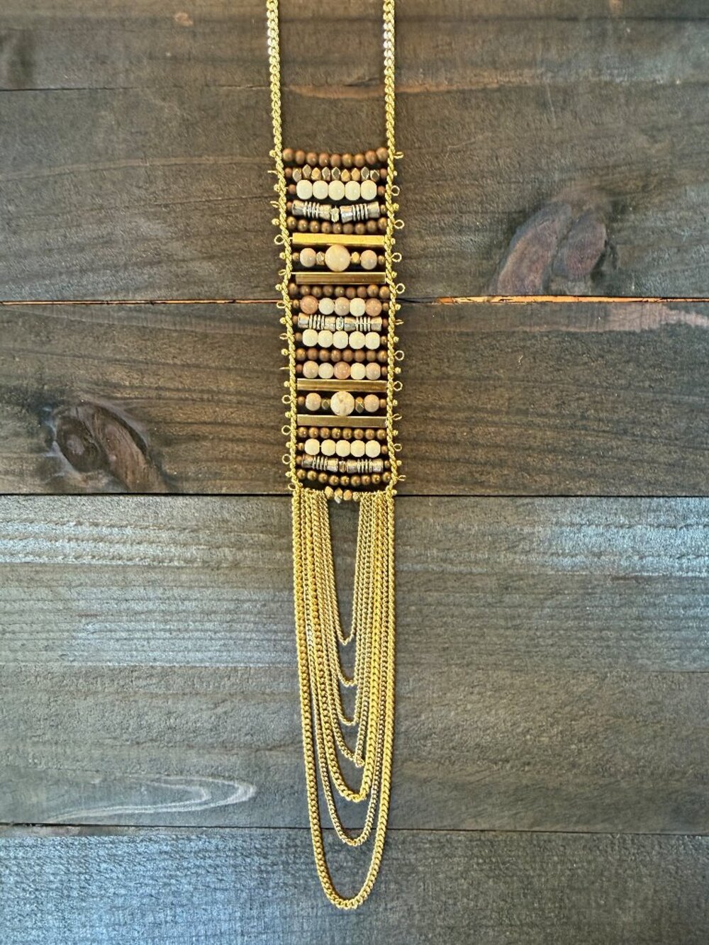 God Beaded Statement Necklace with Draped Chains